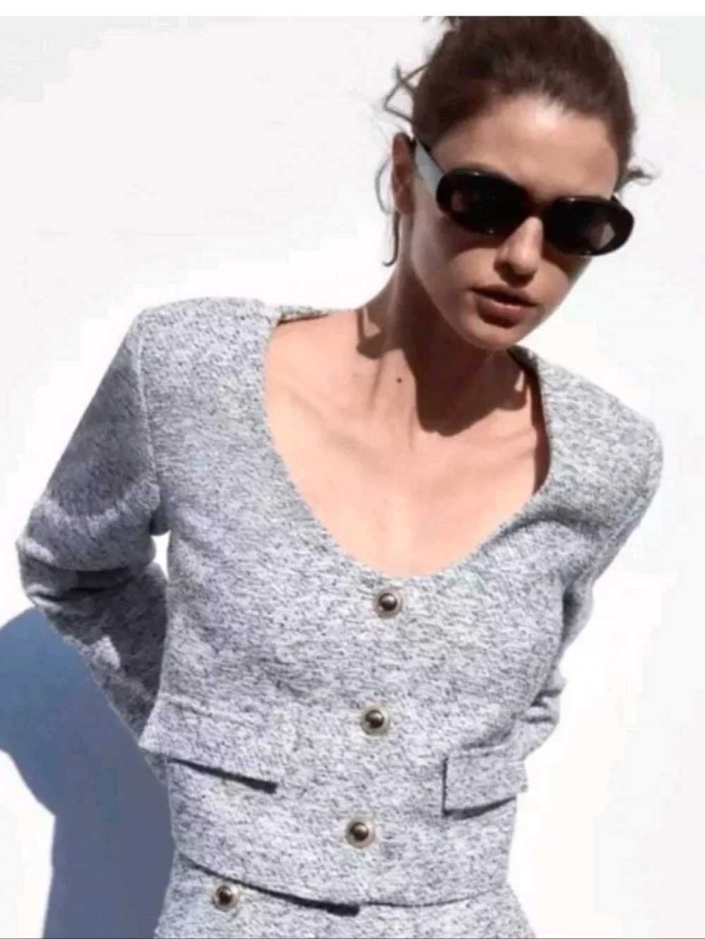 Zara Textured Crop Short Blazer Cropped Blue White Gold Buttons L NWOT Jacket